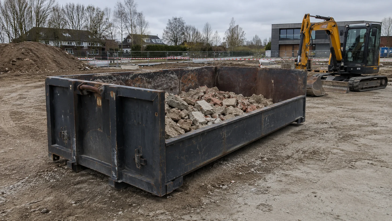 Åben maxicontainer halvt fyldt med murbrokker og knust beton på en byggeplads