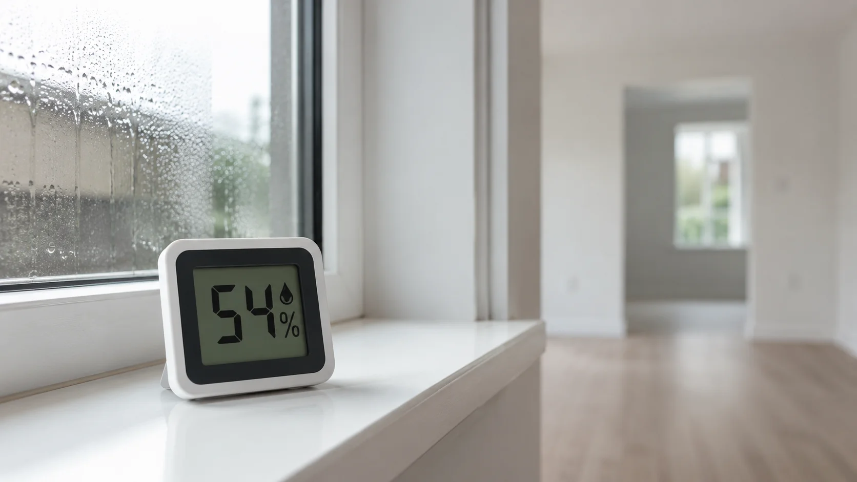 Hygrometer måler byggefugt på vindueskarm i nyt hus