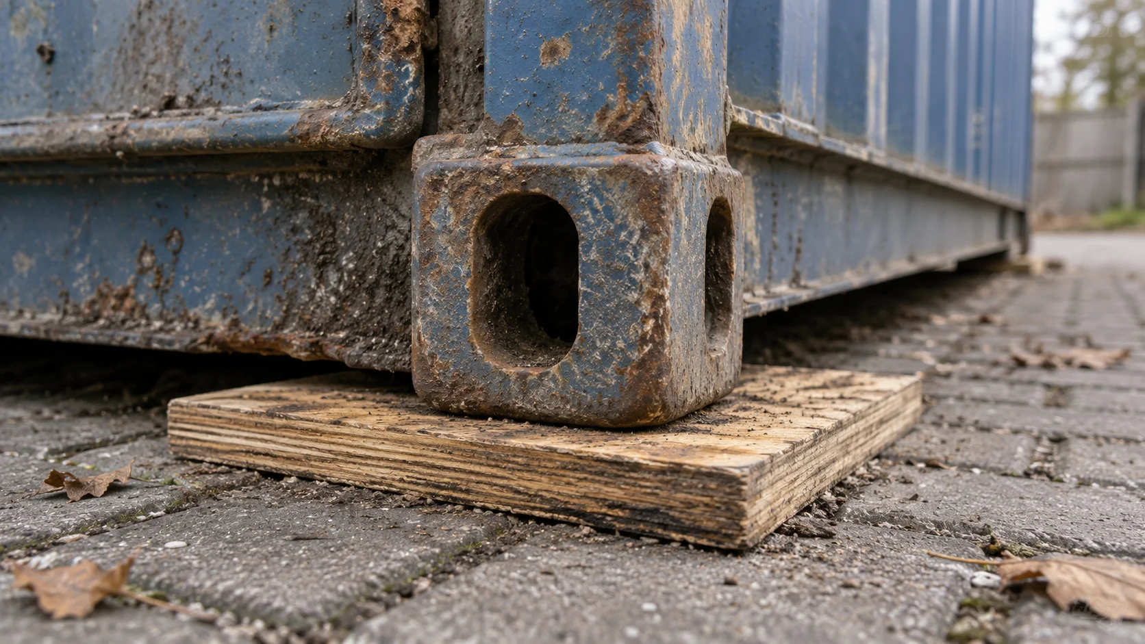 Krydsfinerplade lagt under hjørnebeslaget på en container der står på flisebelagt indkørsel